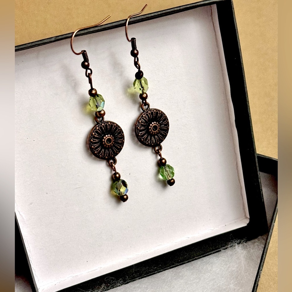 Elegant Bronze and Green Dangle Earrings